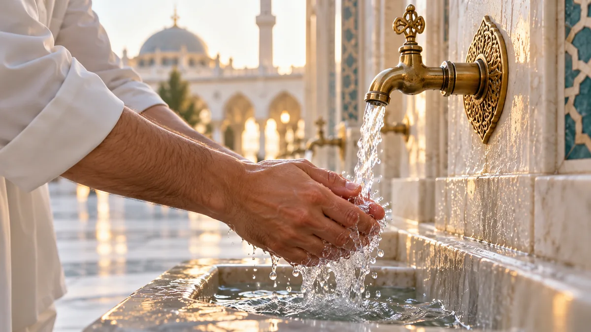 تفسير الوضوء في المنام عند 9 من المفسرين ودلالة كل حالة يدان تغسلان بالماء الجاري من صنبور نحاسي في موضع وضوء لتوضيح الوضوء في المنام