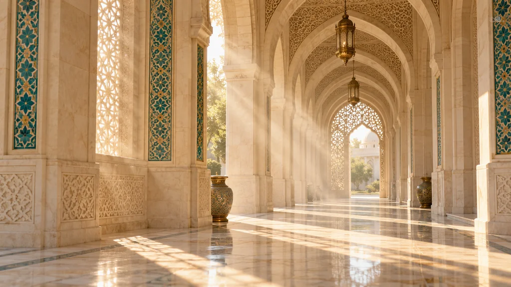 ممر أقواس حجري خال يغمره ضوء طبيعي في صورة رمزية لتوضيح الملائكة في المنام