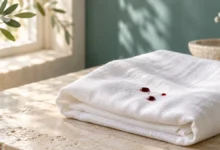 قطرات حمراء صغيرة على قماش أبيض في مشهد رمزي غير صادم لمقال الدم في المنام