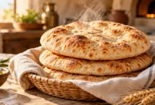 تفسير الخبز في المنام عند 10 من المفسرين ودلالة كل نوع أرغفة خبز دائرية طازجة في سلة مبطنة بالكتان، لتوضيح الخبز في المنام