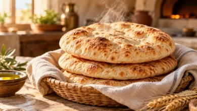 تفسير الخبز في المنام عند 10 من المفسرين ودلالة كل نوع أرغفة خبز دائرية طازجة في سلة مبطنة بالكتان، لتوضيح الخبز في المنام