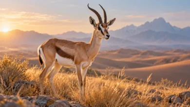 تفسير رؤية الغزال في المنام عند 11 من المفسرين ودلالة صيده غزال يقف بين الأعشاب الذهبية أمام الجبال لتوضيح الغزال في المنام