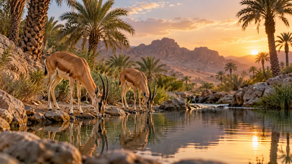 غزلان تشرب من ماء واحة تحيط بها أشجار النخيل ضمن مقال الغزال في المنام