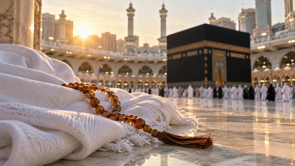 قماش إحرام أبيض ومسبحة في المقدمة والكعبة في الخلفية لتوضيح الحج في المنام