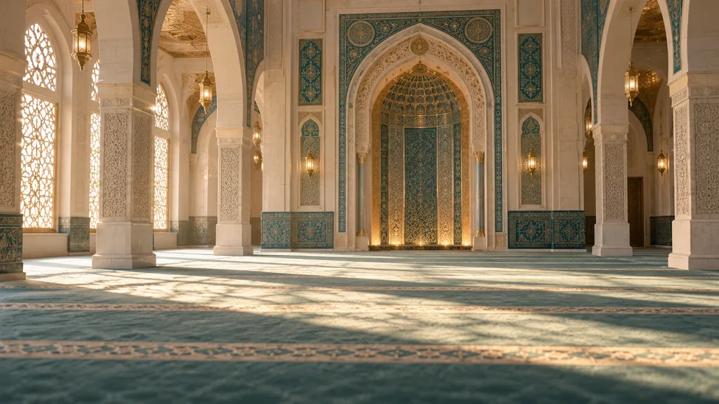 محراب مسجد وأقواس متكررة مع ضوء ناعم على السجاد لتوضيح المسجد في المنام