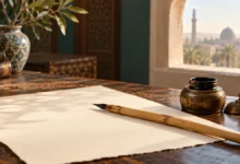صورة تعبيرية عن القلم في المنام: قلم قصبي ودواة نحاسية على ورق عاجي خالٍ من الكتابة بجوار نافذة مضاءة