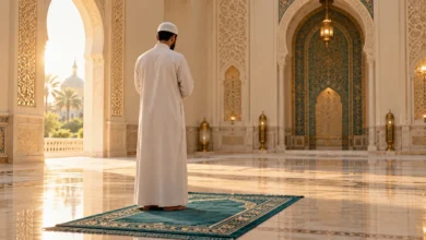 رجل يقف للصلاة على سجادة في مسجد مضاء بالشمس، لتوضيح الصلاة في المنام