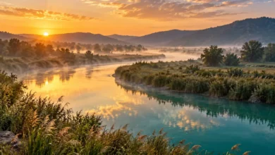 تفسير رؤية النهر في المنام عند 8 من المفسرين ودلالاته نهر متعرج بين الضفاف الخضراء مع ضباب الفجر لتوضيح النهر في المنام