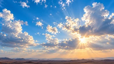 السماء في المنام ودلالاتها عند 10 من كبار المفسرين سماء زرقاء وسحب بيضاء تمر عبرها أشعة الشمس فوق الصحراء، لتوضيح السماء في المنام