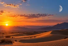 الشمس عند أفق الصحراء والقمر في السماء فوق الكثبان، لتوضيح الشمس والقمر في المنام