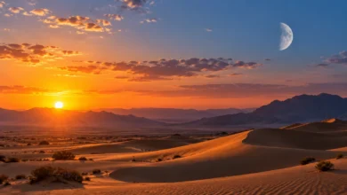 الشمس والقمر في المنام ودلالاتهما عند كبار المفسرين الشمس عند أفق الصحراء والقمر في السماء فوق الكثبان، لتوضيح الشمس والقمر في المنام