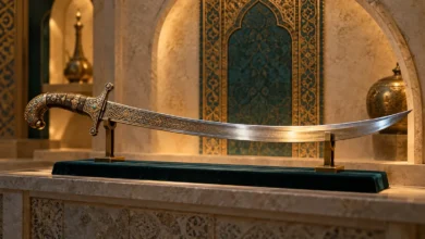 سيف تاريخي مقوس معروض بأمان على حامل لتوضيح السيف في المنام
