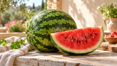 بطيخة خضراء مخططة وشريحة حمراء على طاولة مشمسة، لتوضيح البطيخ في المنام